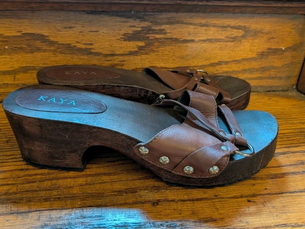 Kaya platform mule sandals Women's 10M Shoes Wooden Brown Leather